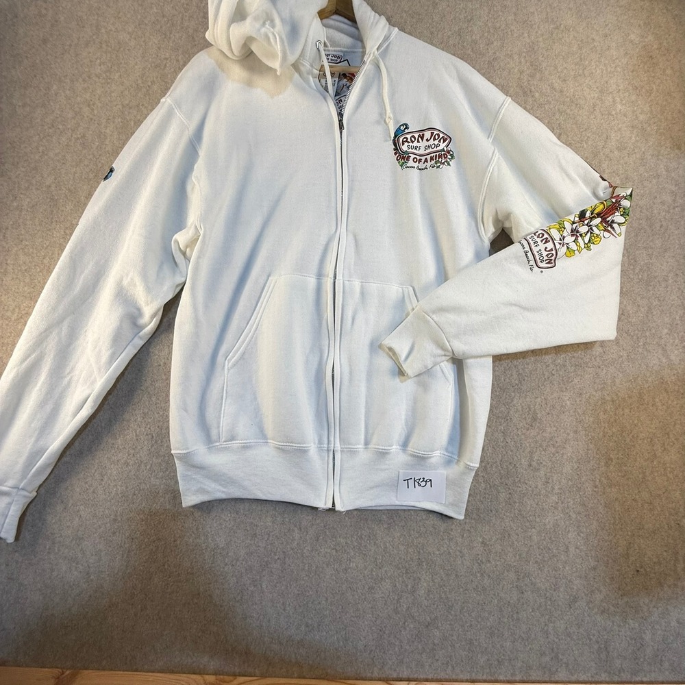 NWT Ron Jon Surf Shop Cocoa Beach White Zip Up Hoodie Paradise Surf Graphic M
